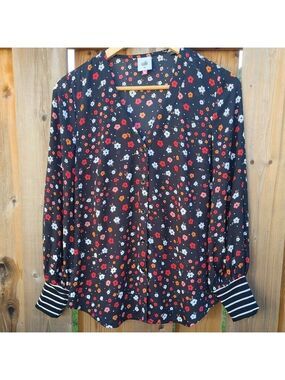 Lovely CABI Floral Blouse Women's XL Deep V neck Striped Cuffs